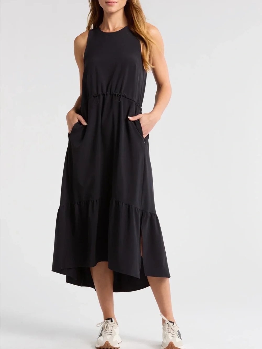 Zella Black Sleeveless Midi Drawstring Waist Dress
